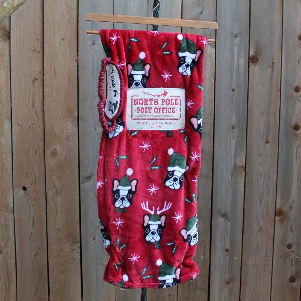 North Pole Christmas Frenchie Dog Blanket with Sleep Mask Gift Set NWT